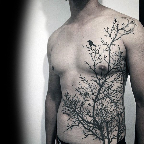 胸部和腹部黑暗森林和乌鸦纹身图案