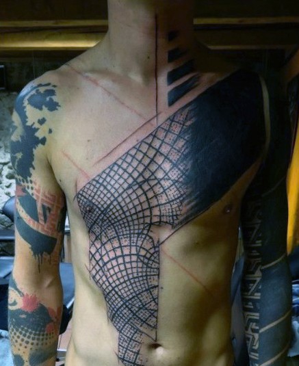 胸部和腹部简单的黑色网格装饰纹身图案
