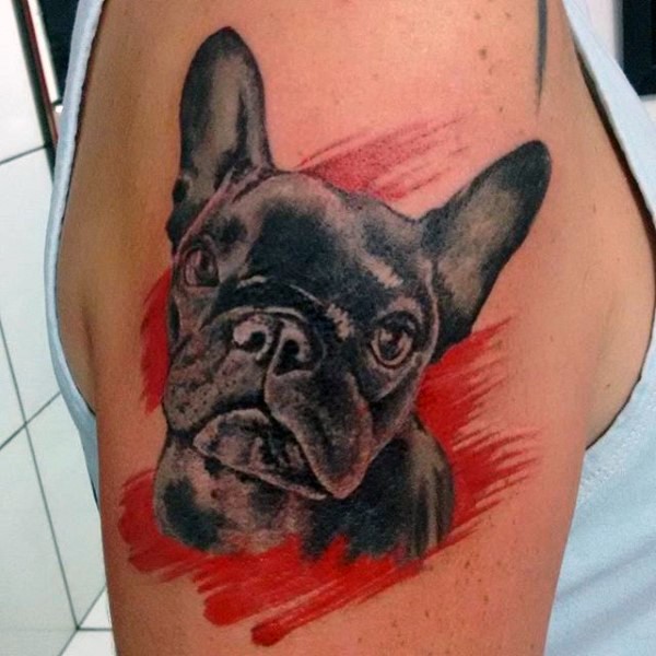 大臂可爱的黑色狗肖像写实纹身图案
