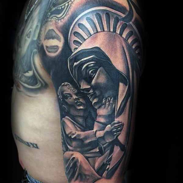大臂黑灰风格圣母与儿童雕像纹身图案