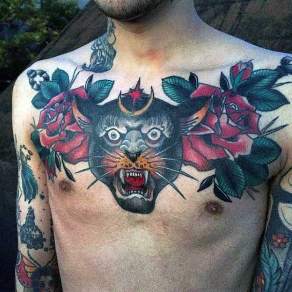 胸部经典的插画风格彩色黑豹玫瑰纹身图案