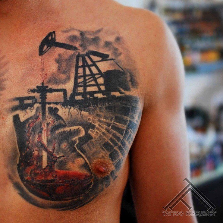 胸部现实风格彩色石油磨坊纹身图案