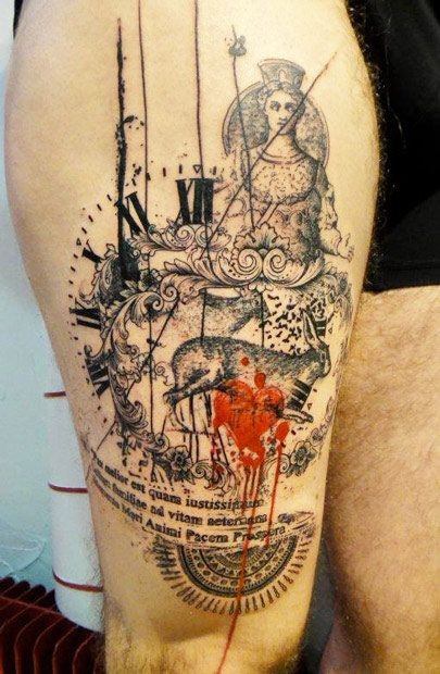 大腿黑色时钟兔子雕塑与红色心形纹身图案