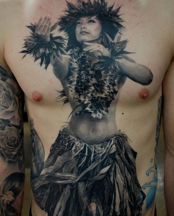 腹部写实的黑白舞蹈部落女人纹身图案