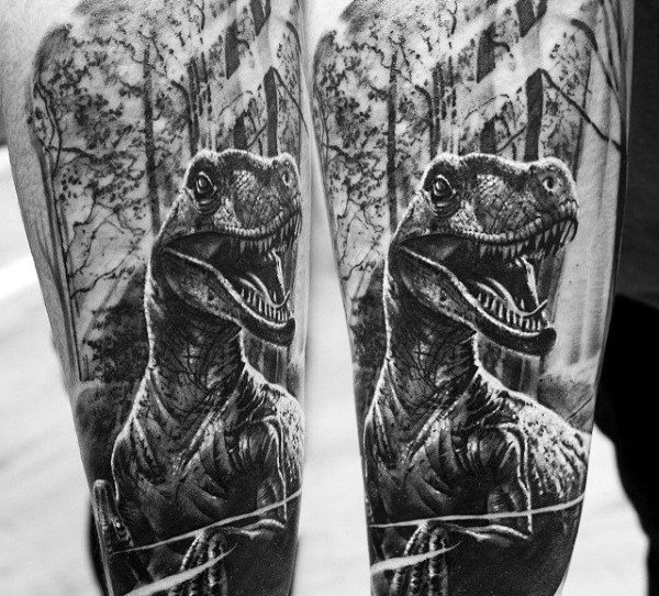 黑白写实风格恐龙森林纹身图案