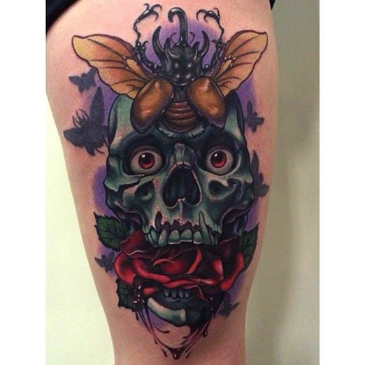 大腿彩色骷髅与玫瑰和昆虫纹身图案
