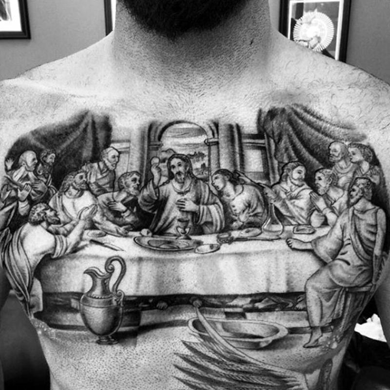 胸部写实宗教人物最后的晚餐纹身图案