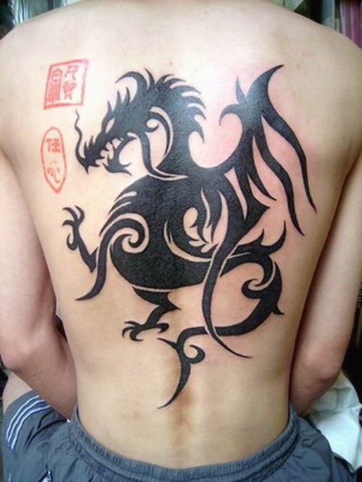 背部图腾龙和中国风印章纹身图案