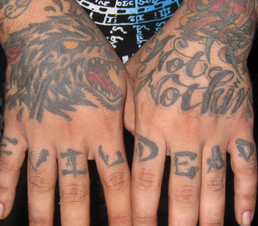 手臂黑色恐怖风格狼头字母纹身图案