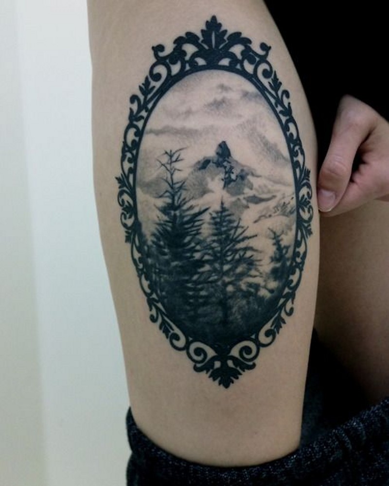 大腿黑白山脉森林风景纹身图案