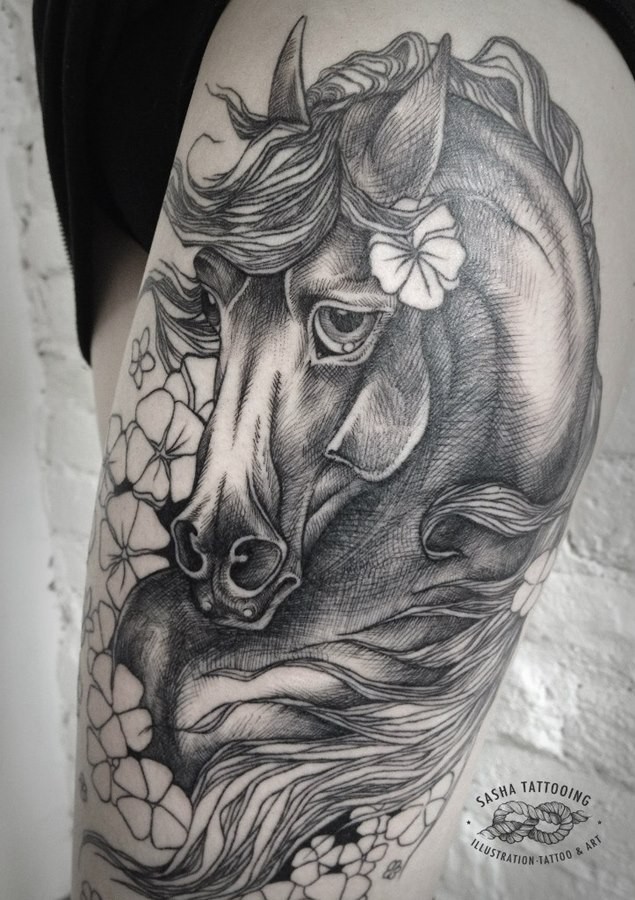 雕刻风格黑色线条可爱的马纹身图案