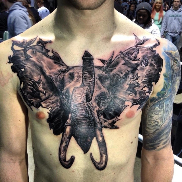 胸部好看的黑白大象与鸟类纹身图案