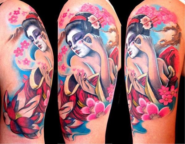 手臂水彩画艺伎和樱花纹身图案