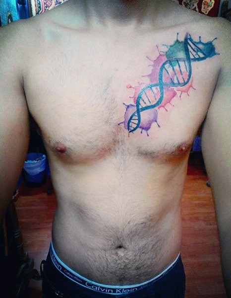胸部五彩泼墨DNA符号纹身图案