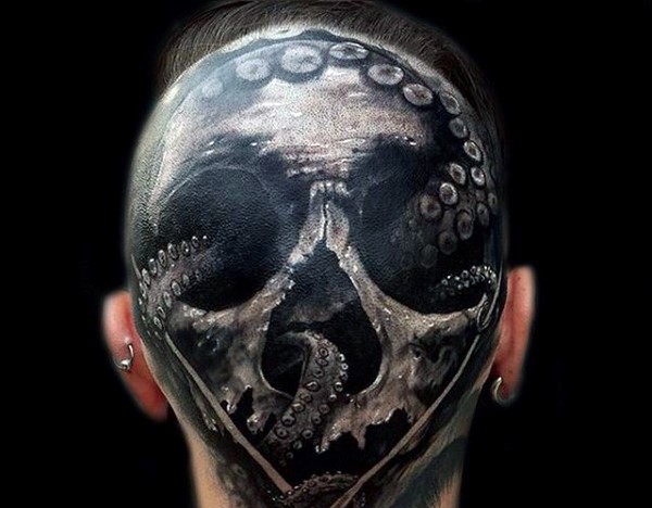 头部大胆个性的骷髅章鱼黑色纹身图案