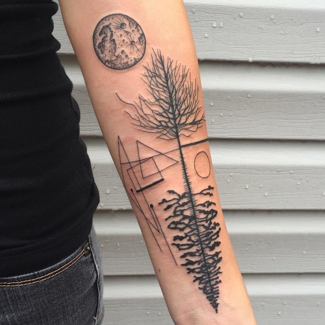 小臂几何图形画出各种树木和月亮纹身图案