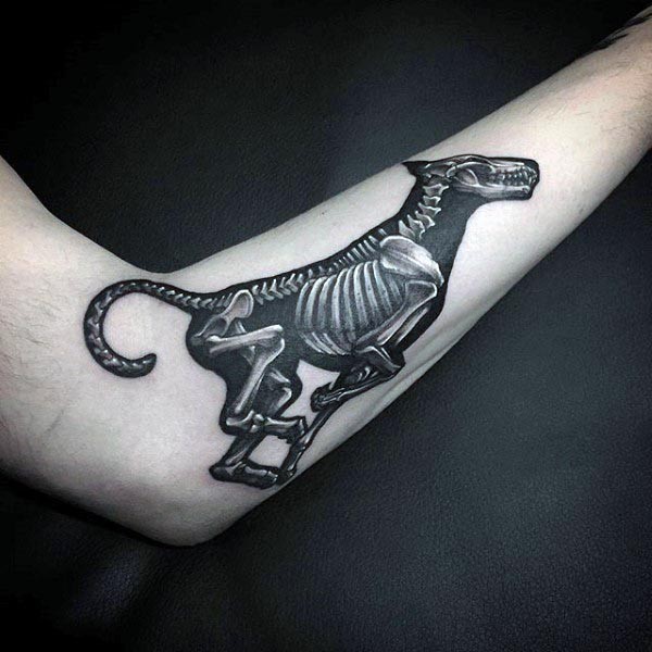 典型的黑色骷髅狗骨架小臂纹身图案