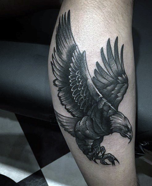 小腿好看的黑灰老鹰纹身图案