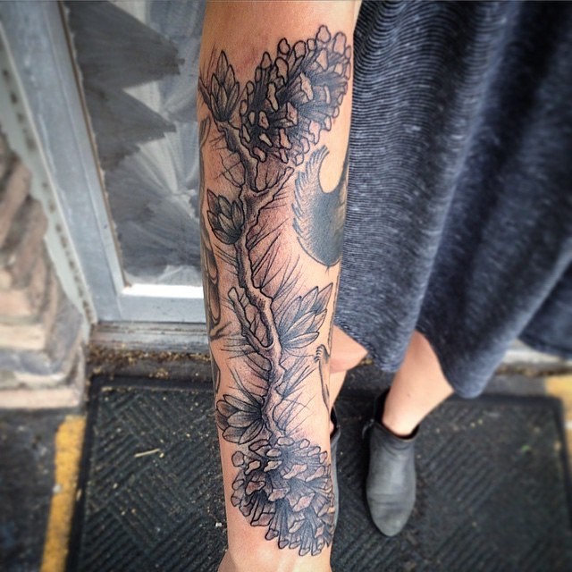 小臂old school黑色松树与松果纹身图案