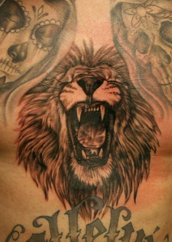 咆哮的狮子与墨西哥骷髅纹身图案