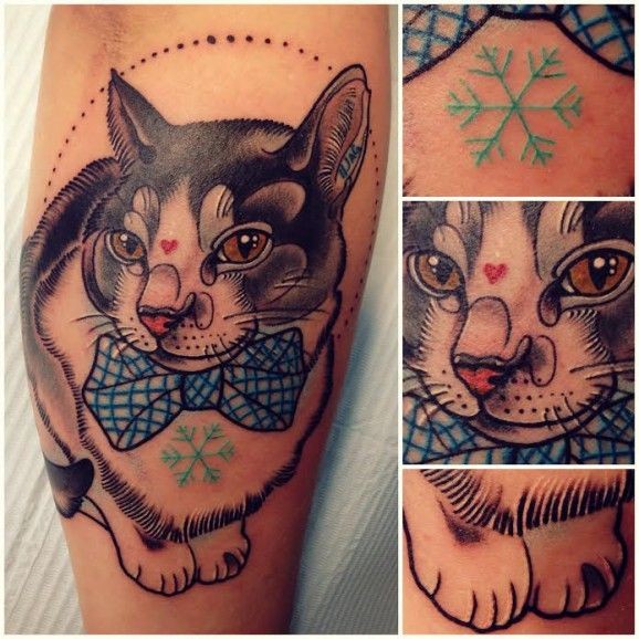 猫咪蝴蝶结和雪花纹身图案
