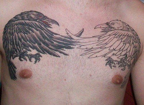 黑白乌鸦胸部纹身图案