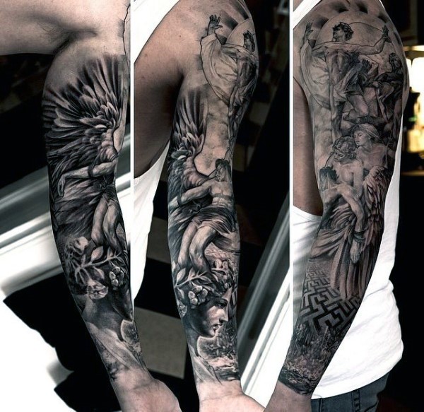 手臂有趣的黑色希腊主题人物纹身图案