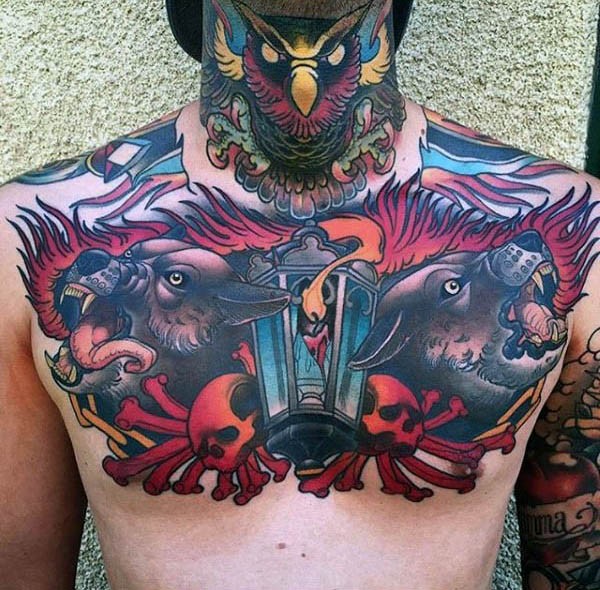 胸部和颈部old school彩色地狱犬猫头鹰骷髅纹身图案