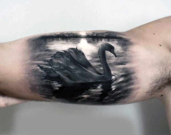 大臂真实逼真的黑色天鹅湖纹身图案