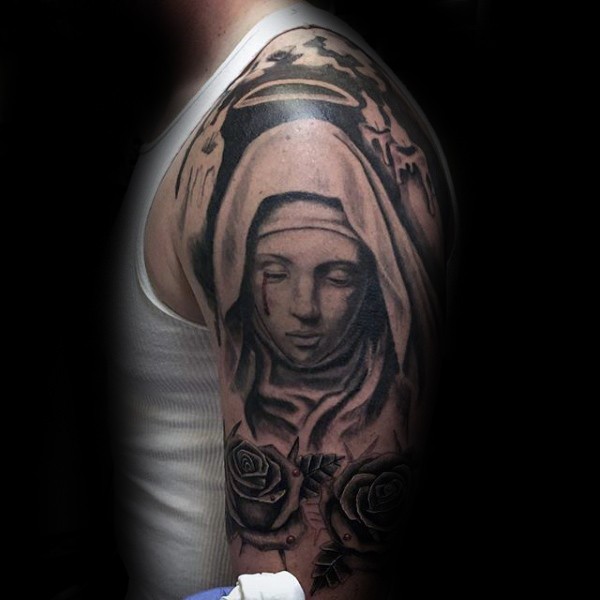 大臂黑色圣母和玫瑰纹身图案