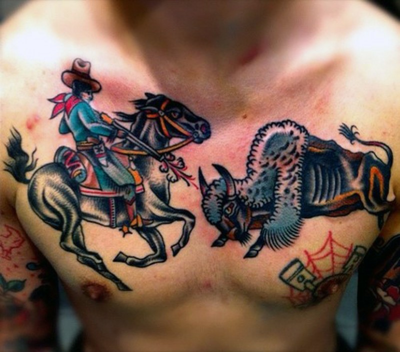 欧美彩色牛仔公牛胸部纹身图案