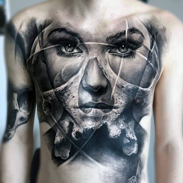胸部华丽的黑灰女人肖像与燃烧的火山纹身图案