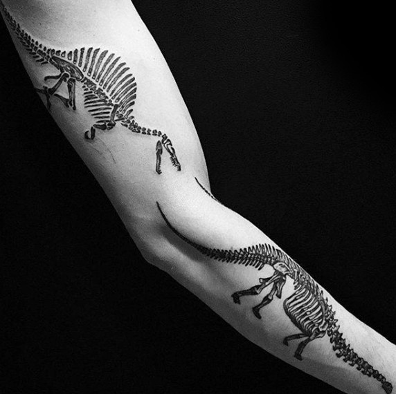 手臂经典的黑色各种恐龙骨骼纹身图案