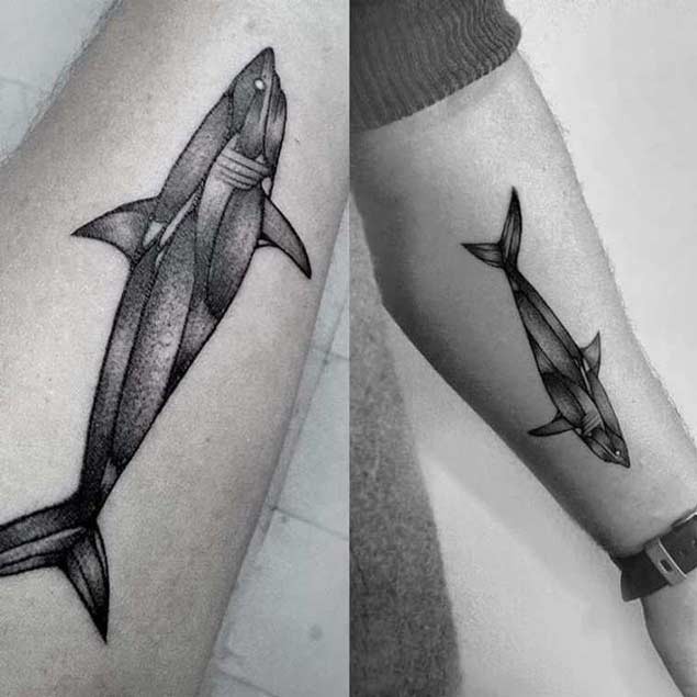 小臂黑色超薄肌肉鲨鱼纹身图案