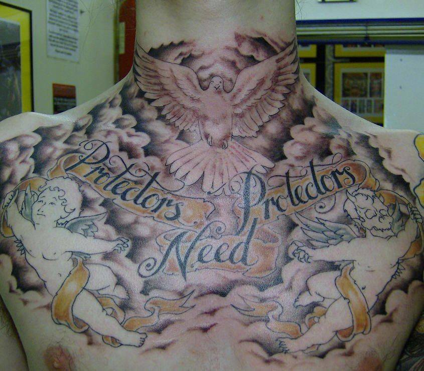 胸部鸽子云朵小天使纹身图案