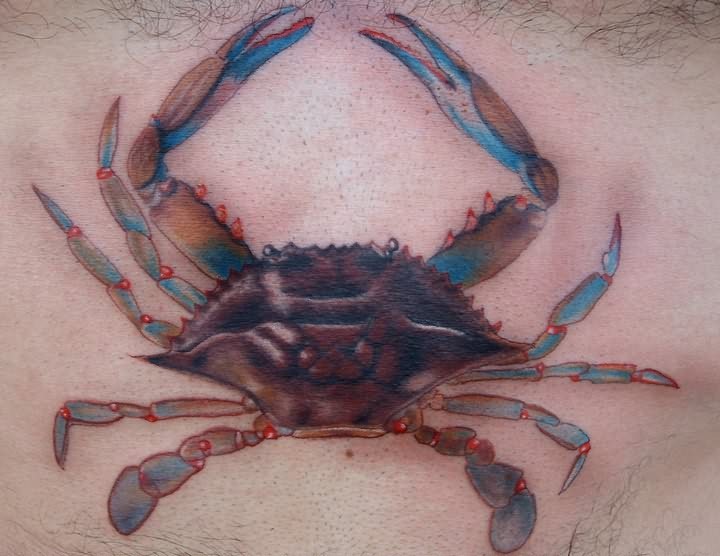 蓝色逼真的螃蟹纹身图案