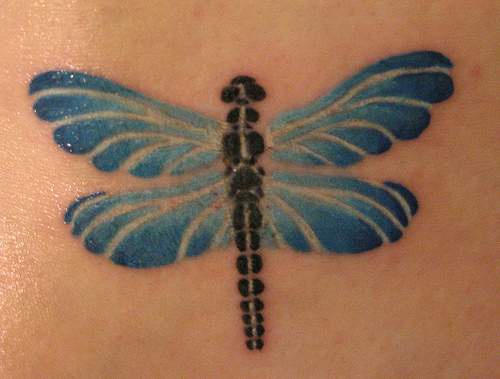 蓝色翅膀的黑蜻蜓纹身图案