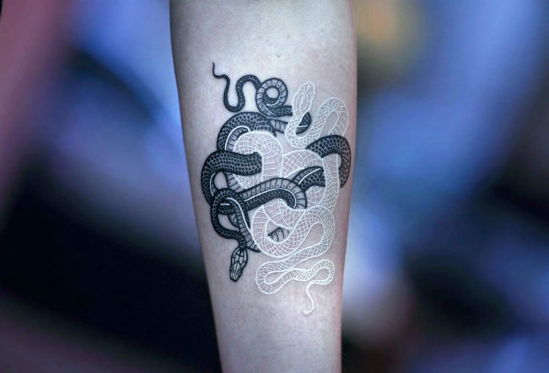 手臂惊人的黑白缠绕蛇纹身图案