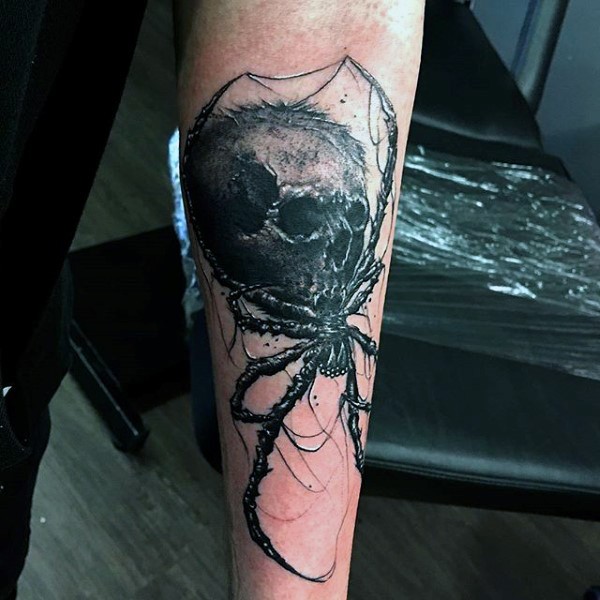 恐怖风格黑色蜘蛛与骷髅结合纹身图案