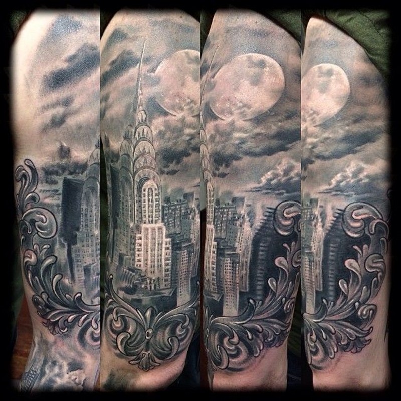 大臂写实的黑白纽约市景点纹身图案