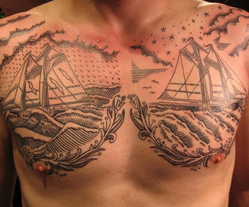 两艘帆船在海上胸部纹身图案