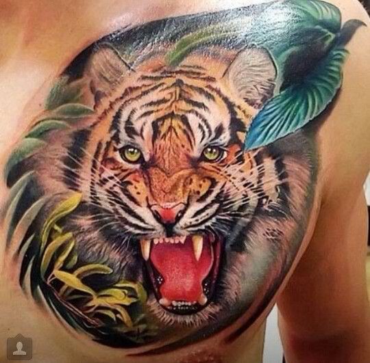 胸部咆哮的老虎和植物纹身图案