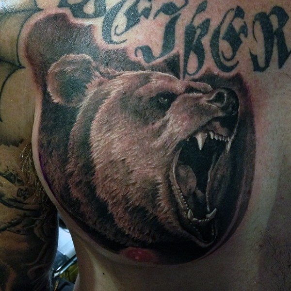 胸部写实彩色愤怒的熊头纹身图案