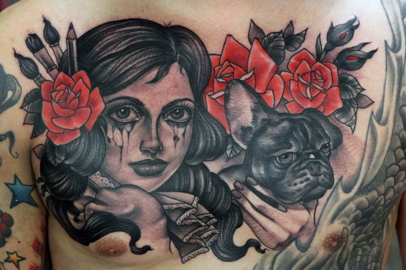 胸部old school彩色哭泣女人与狗和花朵纹身图案