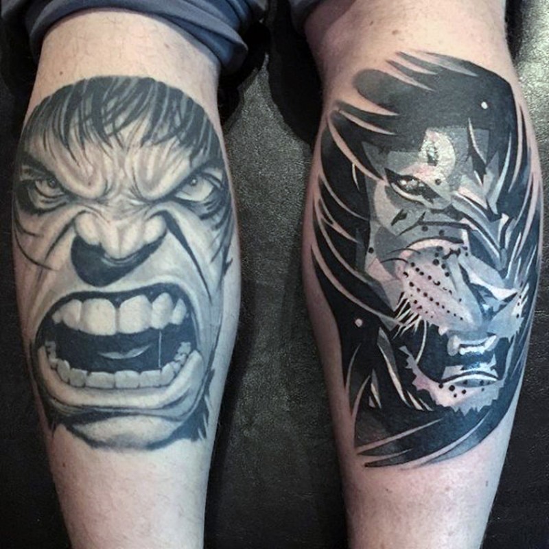小腿黑白邪恶绿巨人和咆哮的老虎纹身图案