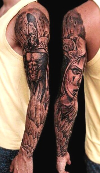 手臂有趣的黑色斯巴达战士与女郎纹身图案