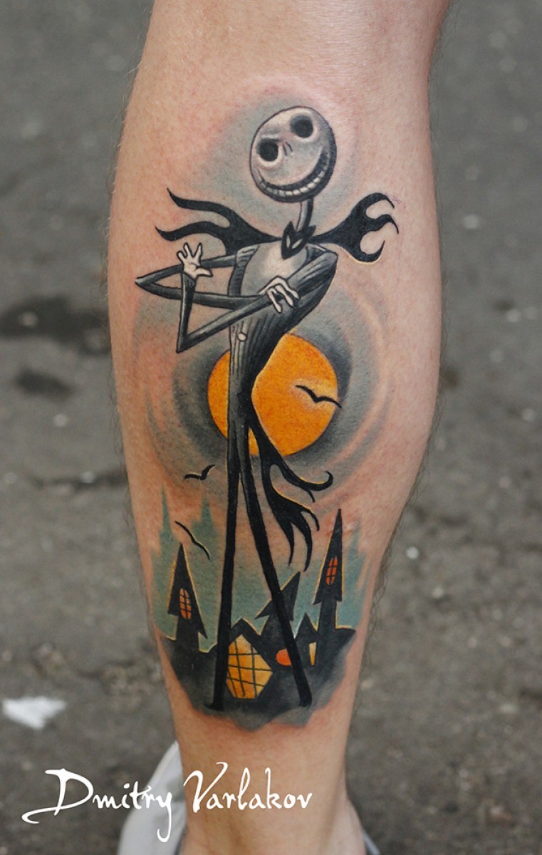 小腿彩色卡通鬼怪和月亮蝙蝠纹身图案
