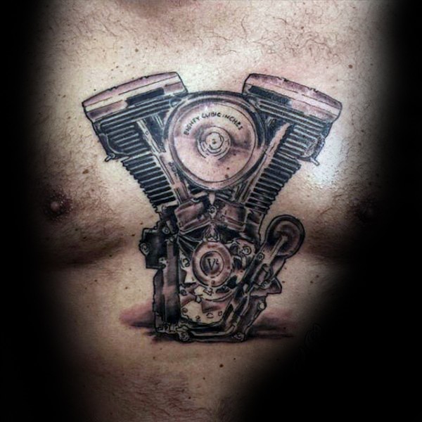 胸部简单的黑灰摩托车发动机纹身图案