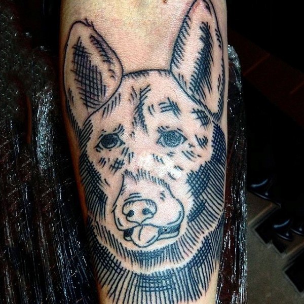 德国牧羊犬肖像黑色线条纹身图案