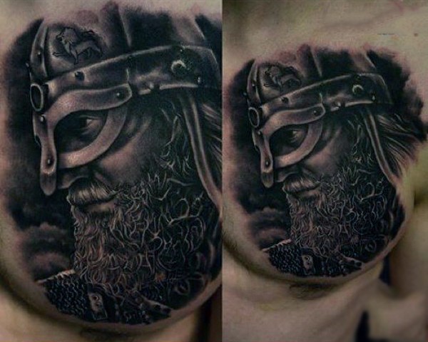 小臂黑灰个性角战士肖像纹身图案